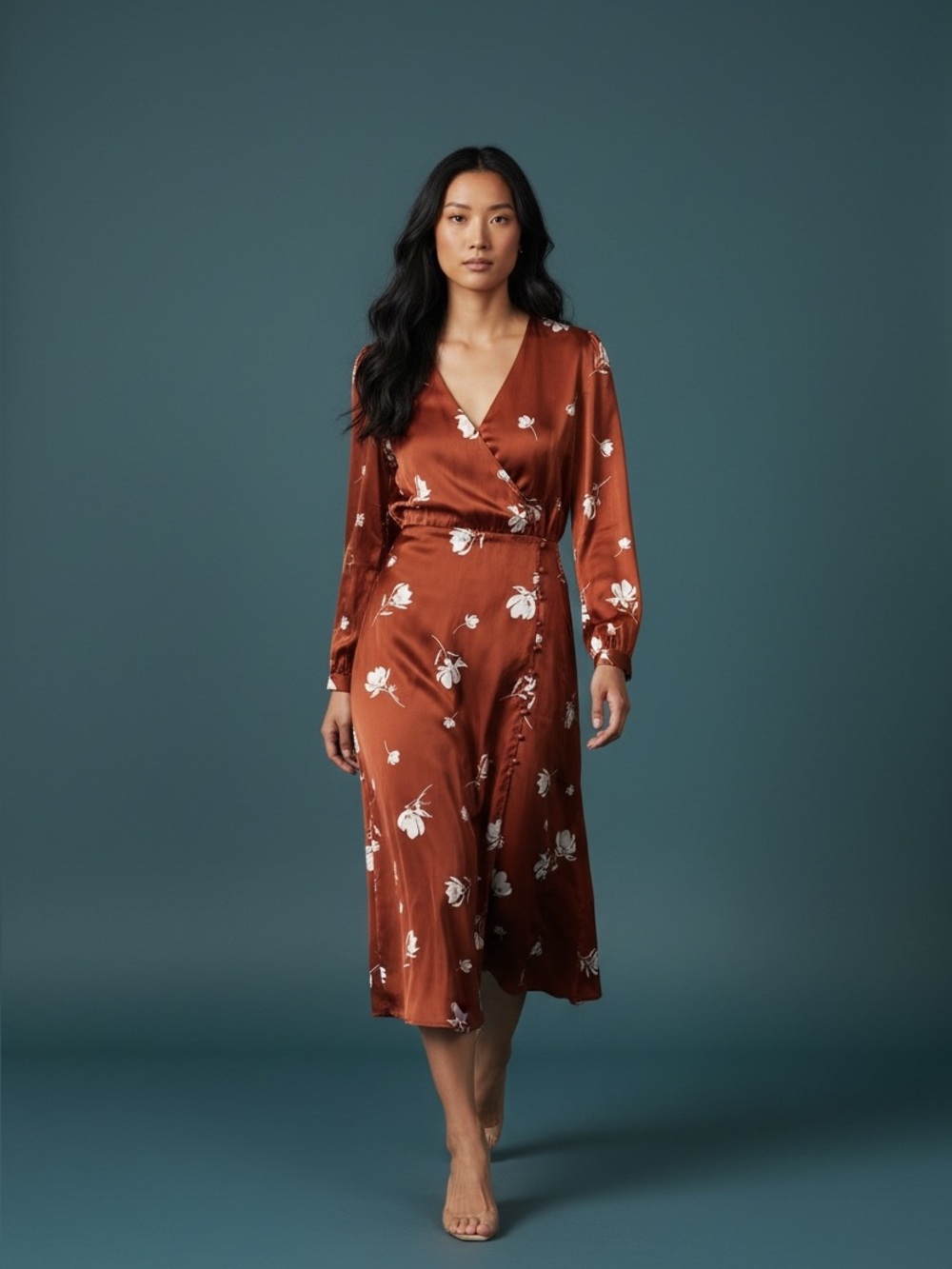 All In Favor Long Sleeve Floral Satin Midi Dress